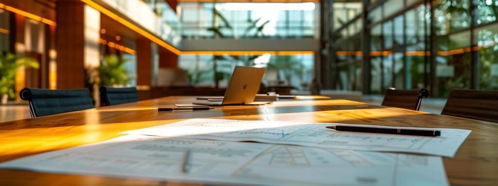a detailed view of an architecturally modern commercial property with visible foundation inspection equipment and engineering diagrams spread across a sleek conference table, illuminated by bright office lighting to emphasize the importance of foundation evaluations in maintaining structural integrity and business operations.