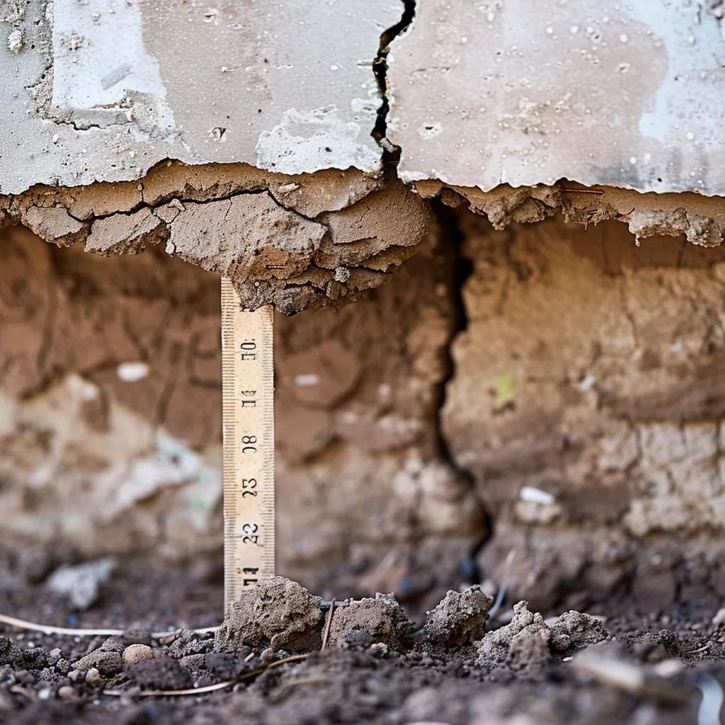 Close-up of a cracked foundation wall with measuring tape, illustrating key factors affecting repair costs