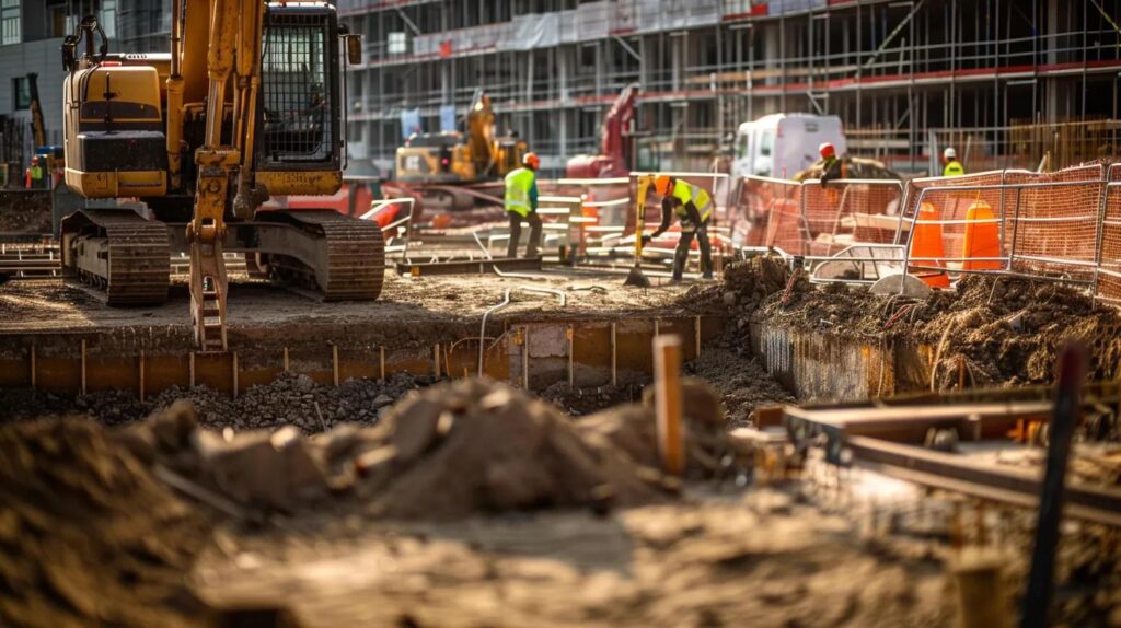 a detailed view of a construction site demonstrating advanced foundation repair techniques, with workers focused on a sturdy foundation while heavy machinery is positioned strategically in the background under bright, artificial overhead lighting.