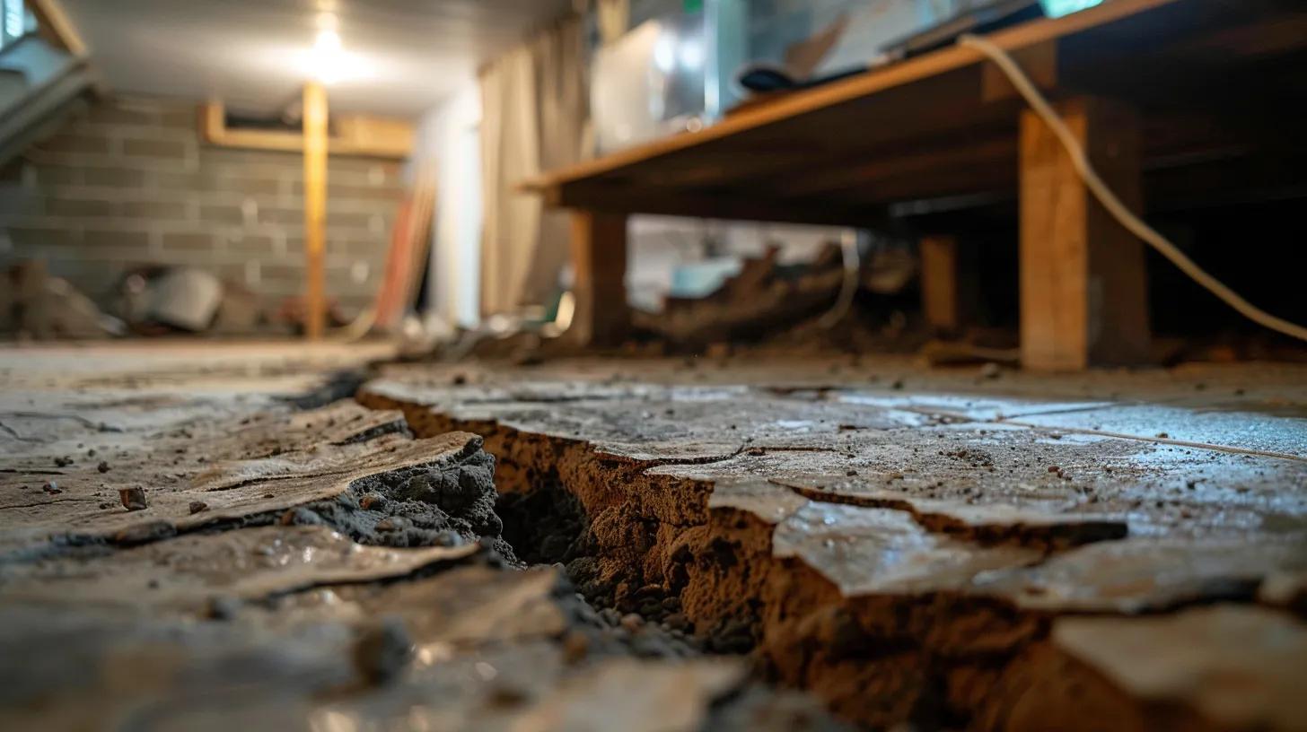 a focused view of a home’s cracked foundation, with visible water stains on the walls and misaligned floor tiles in a well-lit, modern basement, emphasizing the urgency of diagnosing structural issues for effective repair.