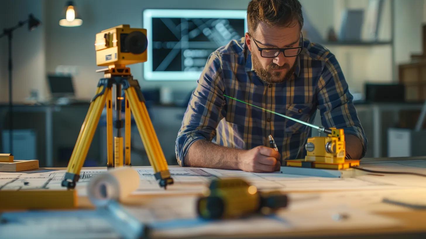 a focused view of a certified structural engineer using advanced laser leveling equipment inside a well-lit, modern office space that showcases detailed blueprints and foundation inspection tools, emphasizing the meticulous process of diagnosing foundation damage.