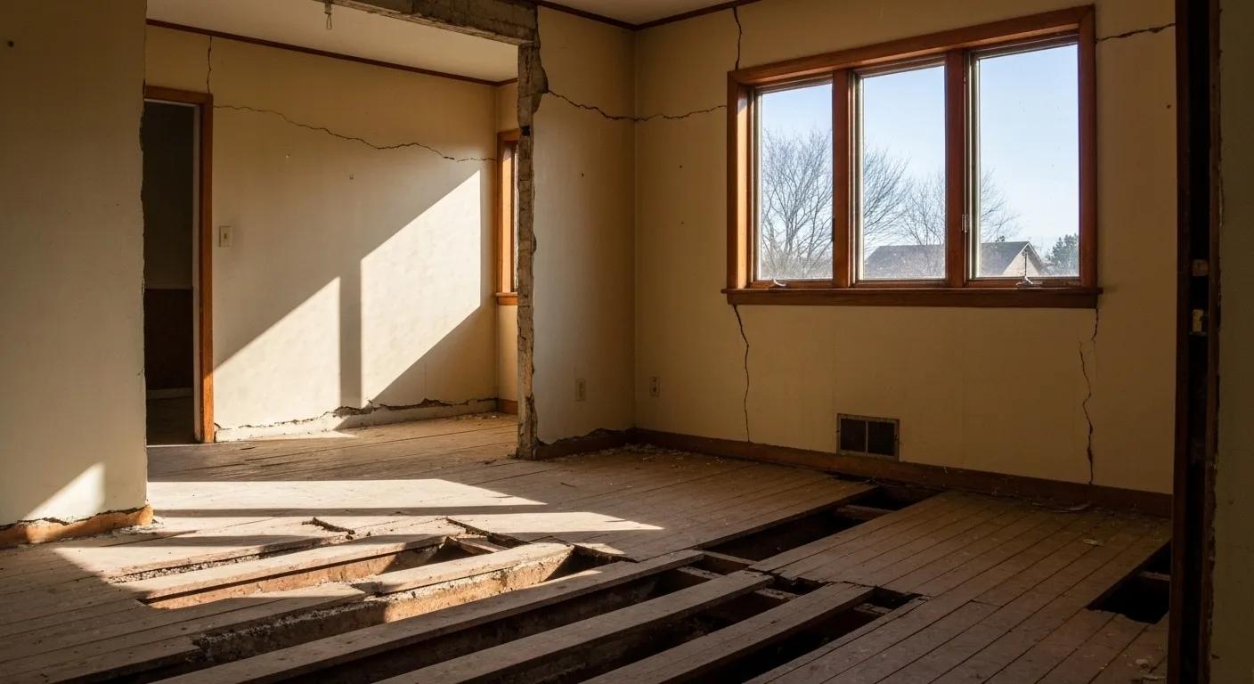 Inside a home showing signs of foundation damage like cracks and uneven floors